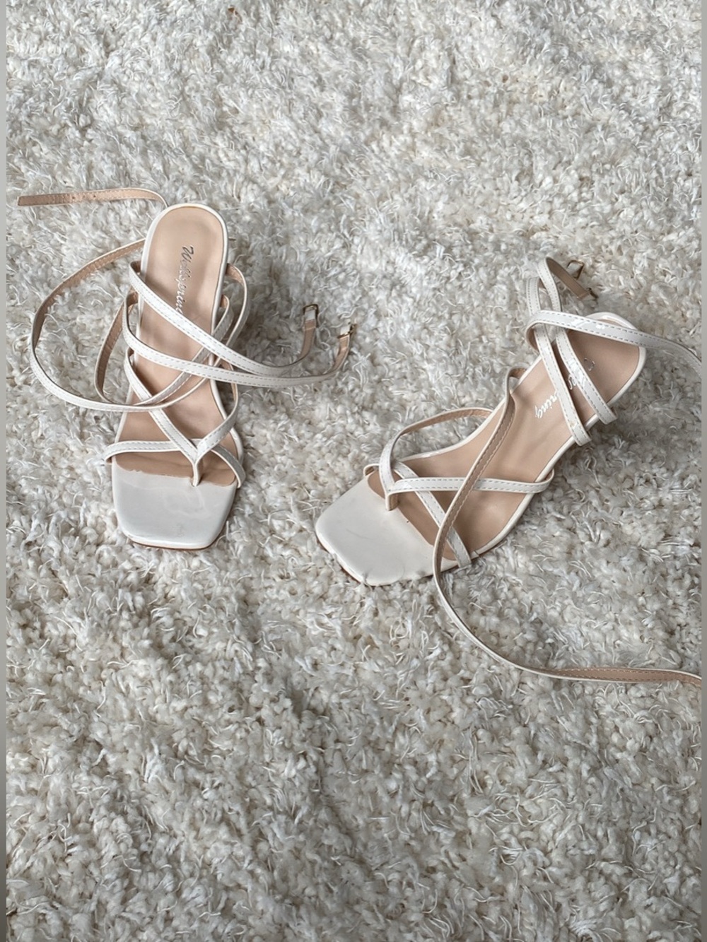 Strappy White Block Heel Sandals with Ankle Wrap